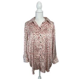 Zara Silky Pink Hearts Women Long Sleeve Button Down Collar Oversized Top Size M